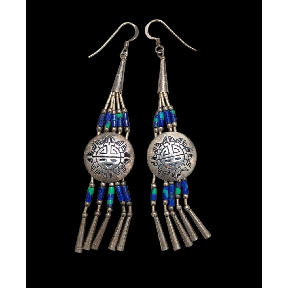 Vintage Native Azurite Liquid Sterling Silver Sunface Fringe Dangle Earrings